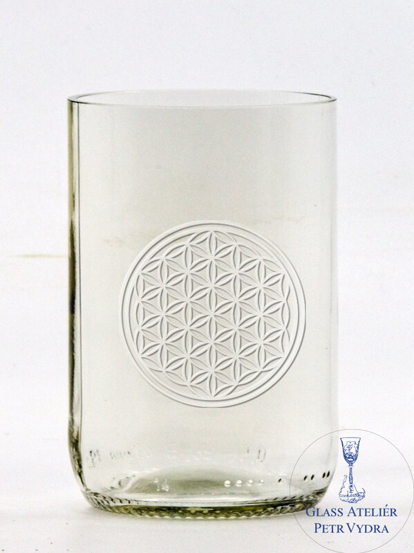 2ks Eko poháre (z fľaše od piva) stredná číra (10 cm, 6,5 cm) Motív Kvet života