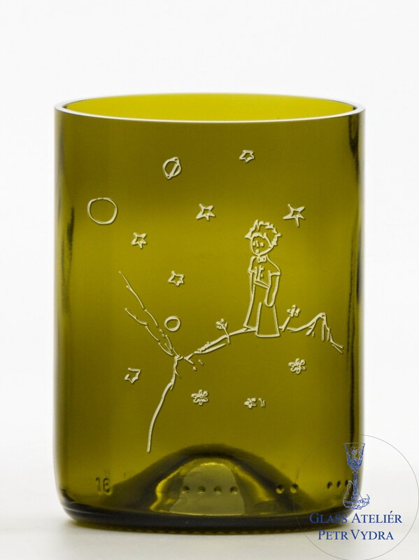 2ks Eko sklenice (z lahve od vína) malá olivová (10 cm, 7,5 cm) Malý princ na planetce