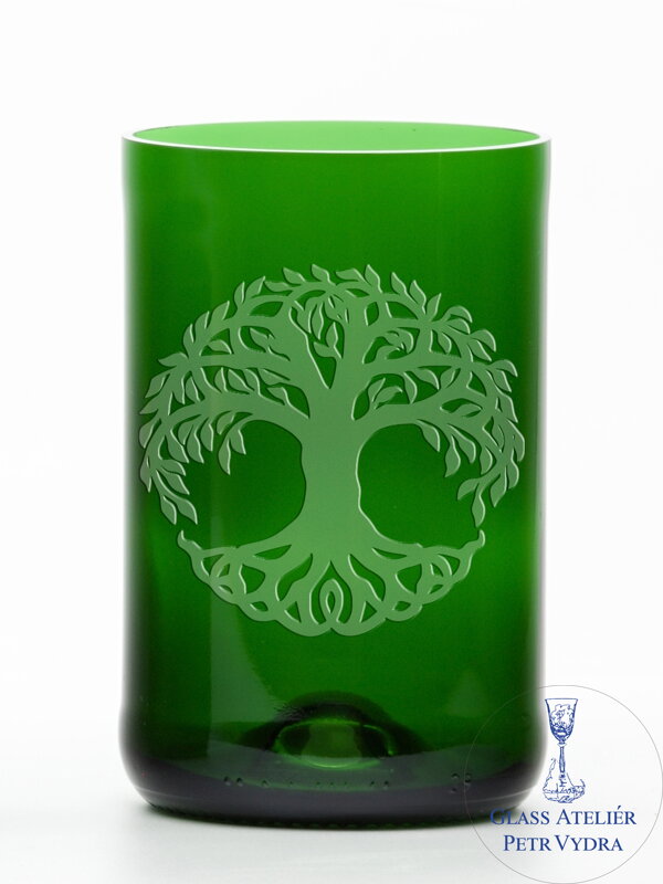 2ks Eko sklenice (z lahve od šampusu) velká zelená  (13 cm, 6,5 cm) Strom života