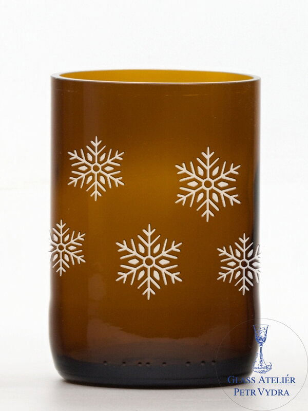 2ks Eko sklenice (z lahve od piva) hnědá (10 cm, 6,5 cm) Vločky