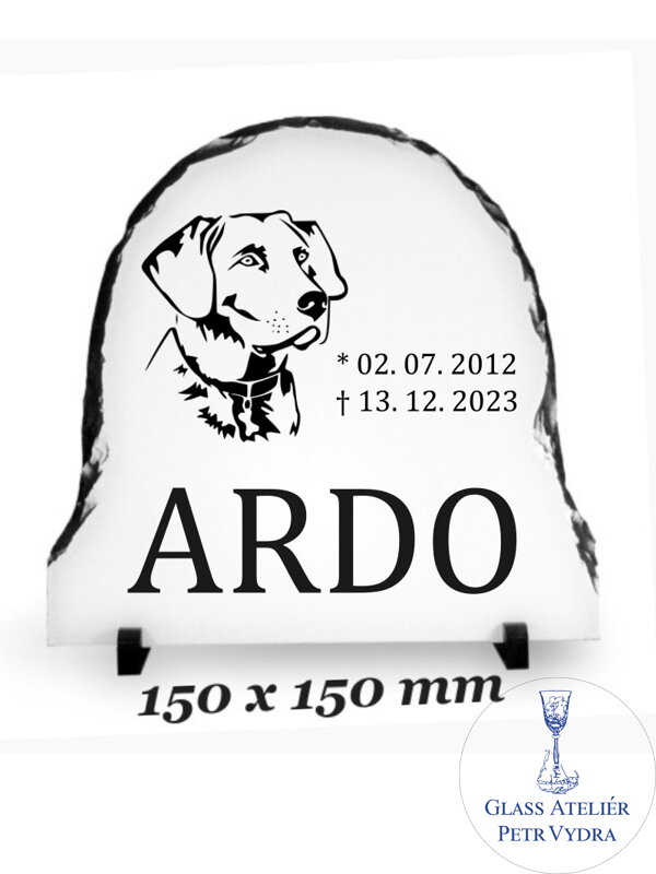 Žulový foto kámen oblouk - hlava psa a nápis Žulový foto kámen oblouk - hlava psa a nápis