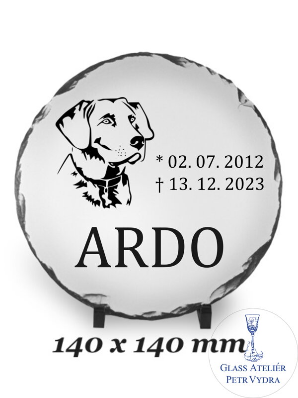 Žulový foto kámen kruh - hlava psa a nápis Žulový foto kámen kruh - hlava psa a nápis