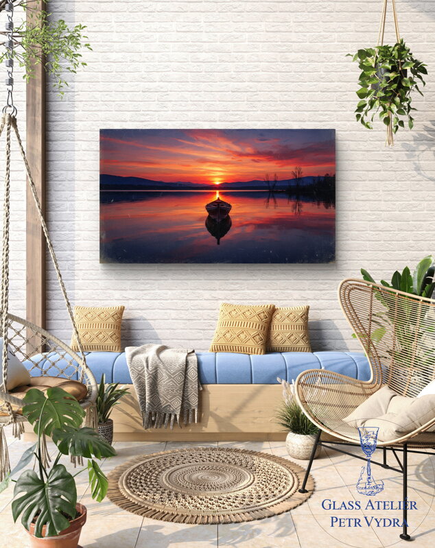 Obraz na akrylátovém skle - Loď na jezeře západ slunce