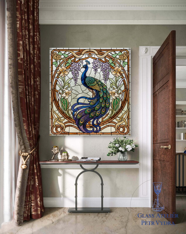Obraz na akrylátovém skle - Secesní obraz styl vitráže páv