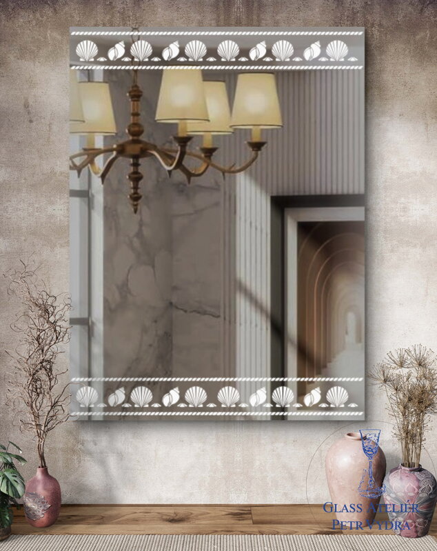 Dekorativní pískované zrcadlo s broušenou hranou a motivem ( vzor  mořský motiv - obdelník )