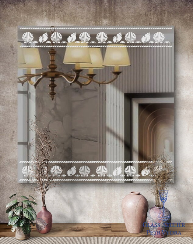 Dekorativní pískované zrcadlo s fazetou a motivem ( vzor  mořský motiv - čtverec )