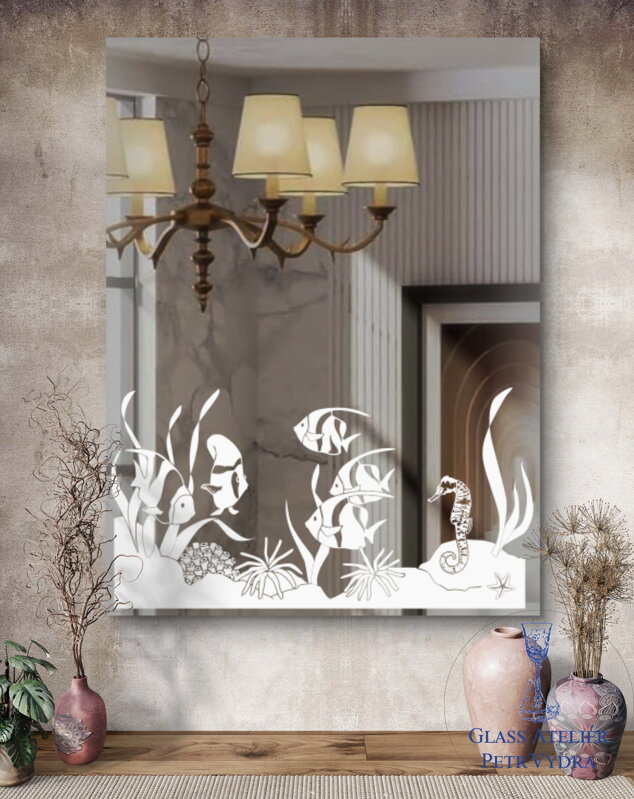 Dekorativní pískované zrcadlo s fazetou a motivem ( Mořský svět 2 - obdelník)