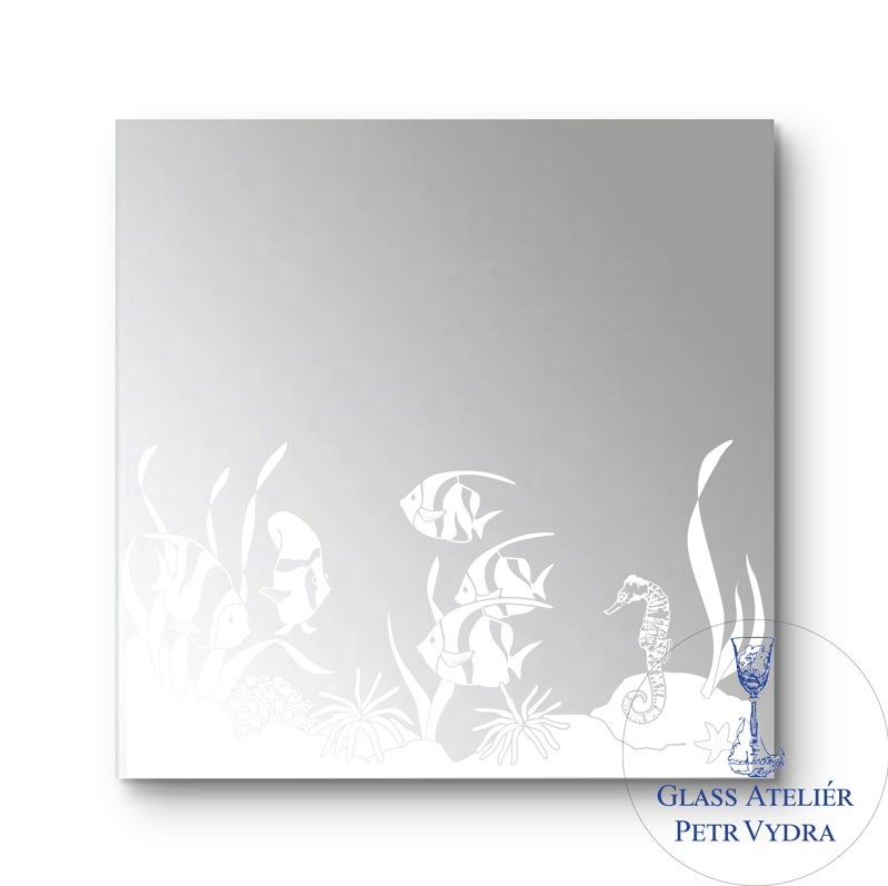 Dekorativní pískované zrcadlo s fazetou a motivem ( Mořský svět 2 - čtverec )