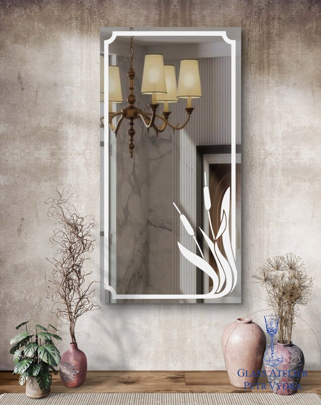 Dekorativní pískované zrcadlo s broušenou hranou a motivem ( vzor 4 rákos - obdelník )