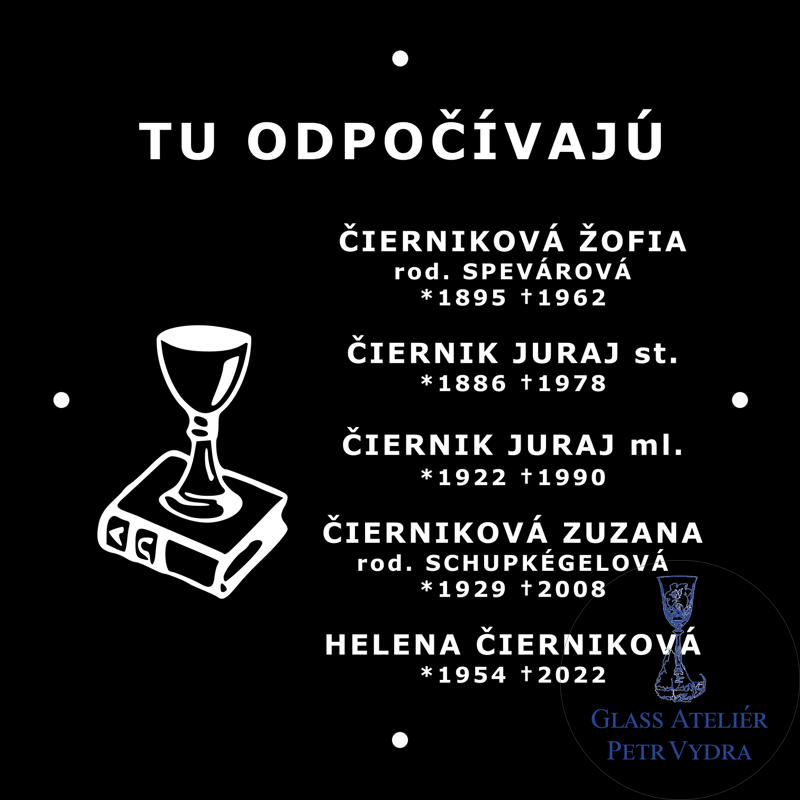 V28. Černá náhrobní skleněná deska s kalichem a nápisem