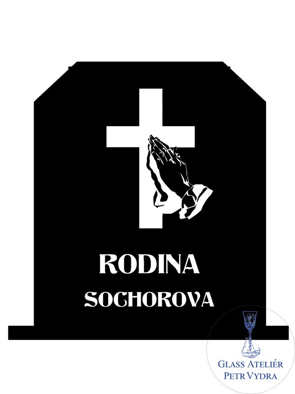  Vzor 7 - Stojánek s podstavcem do kolumbária ze skleněné černé desky s obrázkem modlící se ruce a nápisem - skosené hrany