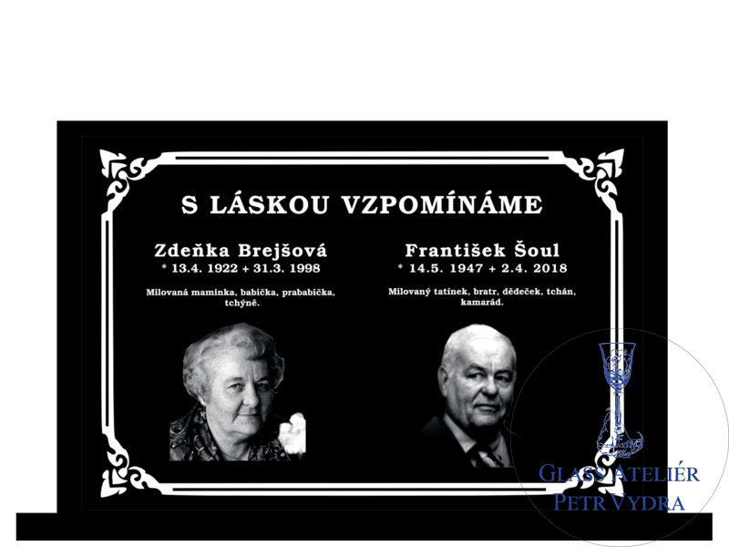  Vzor 9 - Stojánek s podstavcem do kolumbária ze skleněné černé desky s portrétem a nápisem - obdelník