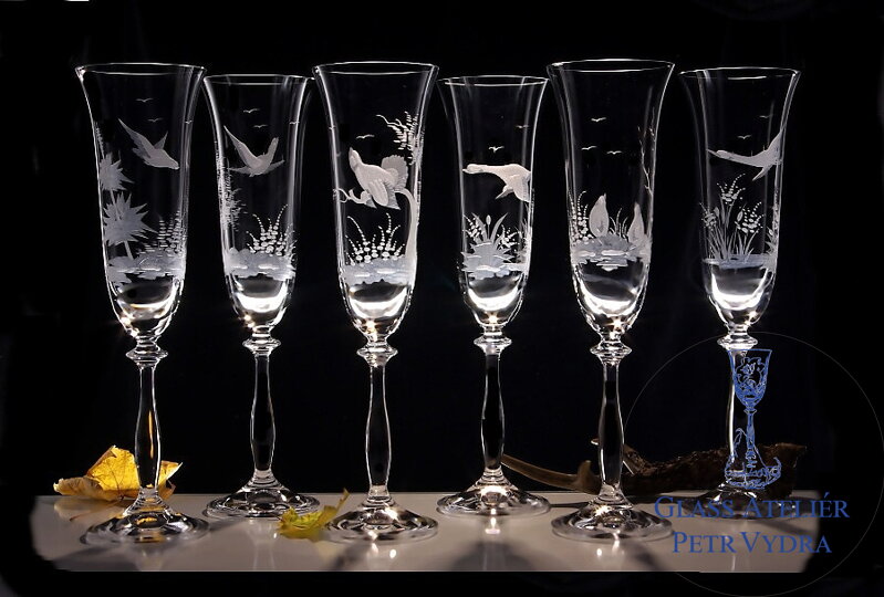6x ryté poháre na šampus 190 ml - lovecký dekor  6x ryté poháre na šampus 190 ml - lovecký dekor