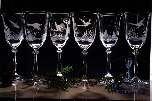 6x Wine Gläser  Angela 250 ml - Jagdthema - Hand graviertes Glas