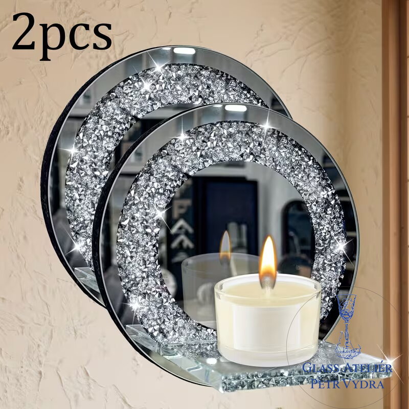 Sada dvou kulatých zrcadlových svícníků - zdobený křištálovými diamanty