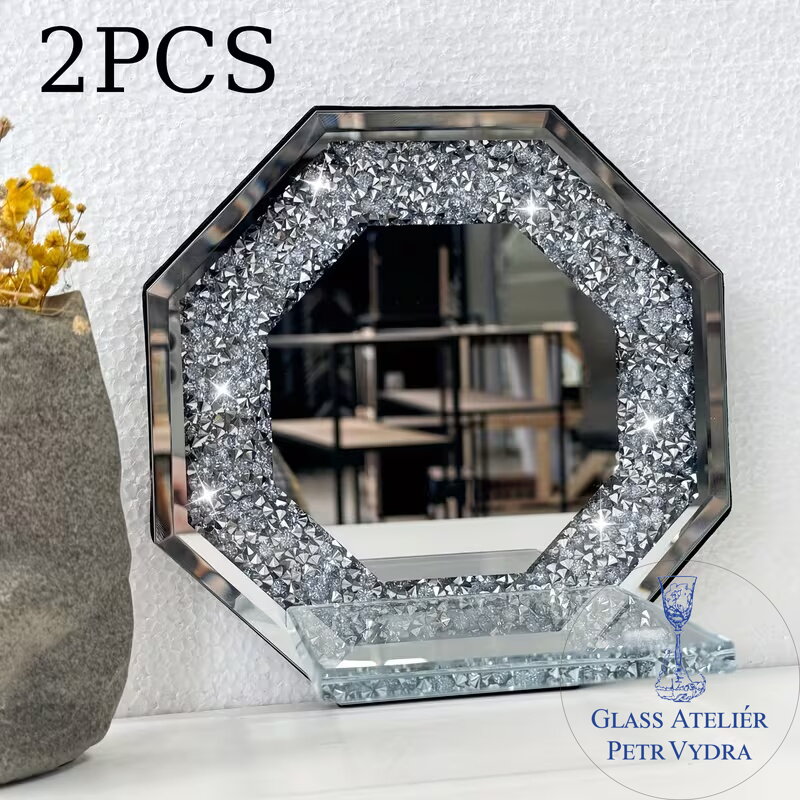 Křišťálový Svícen na Zeď s Kamínky, 2ks Sada, Osmihranný Stříbrný Zrcadlový Svícnový Stojan