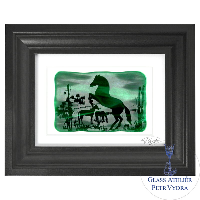 Pferde - grüne Glasmalerei in schwarzem Rahmen 13 x 18 cm (Passepart 10 x 15 cm) Pferde - grüne Glasmalerei in schwarzem Rahmen 13 x 18 cm (Passepart 10 x 15 cm)