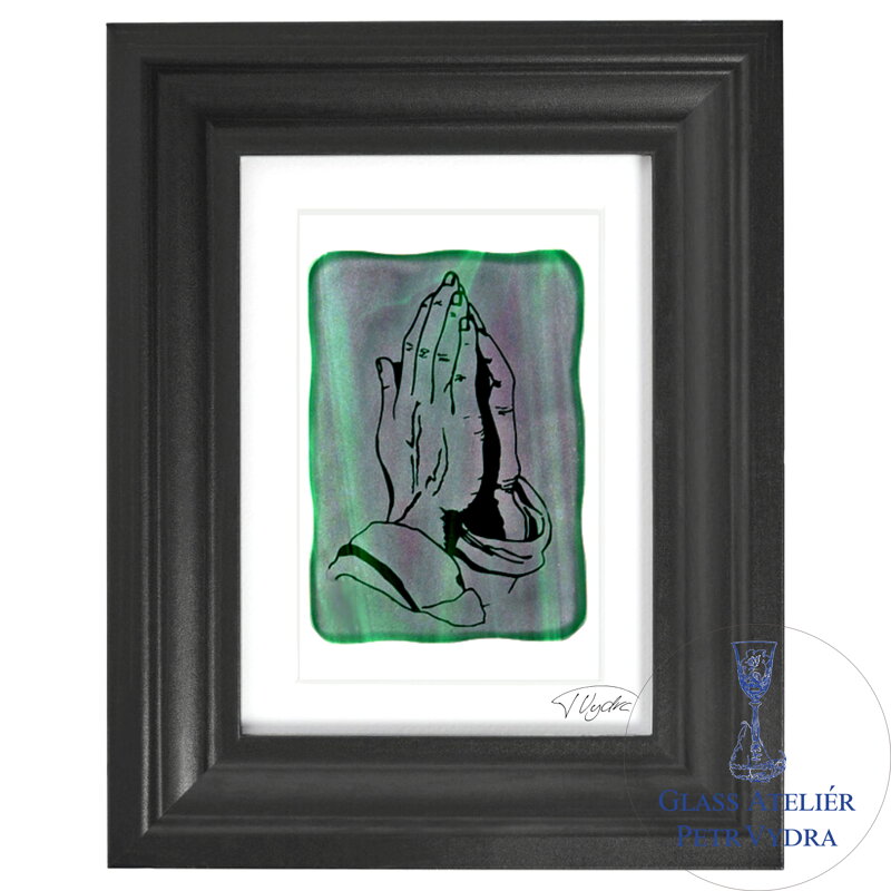 Betende Hände - grüne Glasmalerei in schwarzem Rahmen 13 x 18 cm (Passepartout 10 x 15 cm) Betende Hände - grüne Glasmalerei in schwarzem Rahmen 13 x 18 cm (Passepartout 10 x 15 cm)