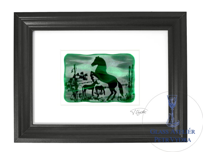 Pferde - grüne Glasmalerei in schwarzem Rahmen 21 x 30 cm (Passepartout 13 x 18 cm) Pferde - grüne Glasmalerei in schwarzem Rahmen 21 x 30 cm (Passepartout 13 x 18 cm)