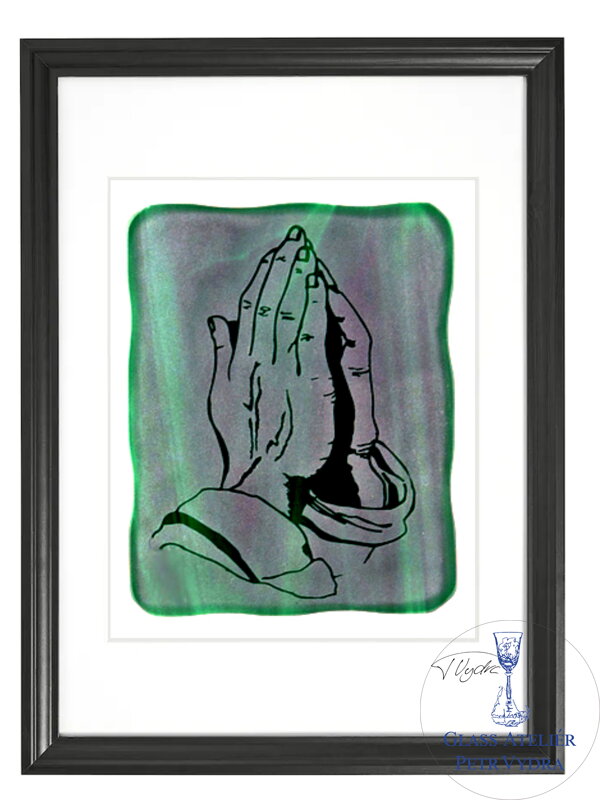 Modlící ruce - zelené vitrážové sklo v černém rámu 50 x 70 cm ( pasparta 40 x 50 cm )