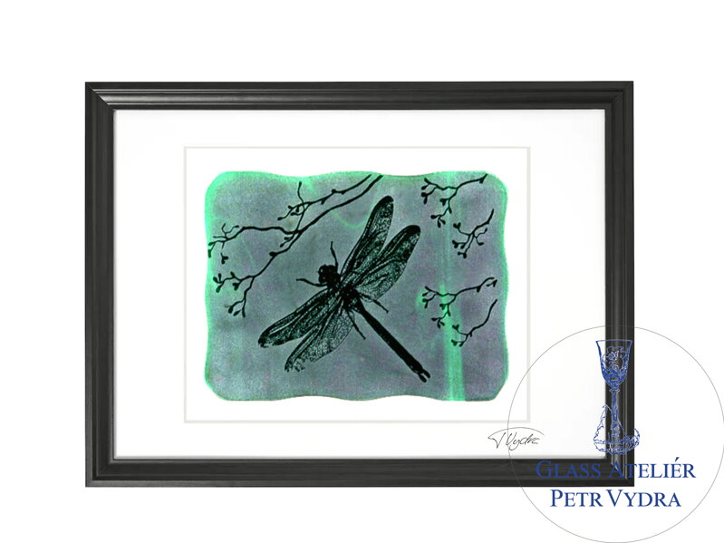 Vážka - zelené vitrážové sklo v černém rámu 50 x 70 cm ( pasparta 40 x 50 cm )