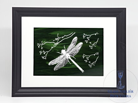 Libelle - grüne Glasmalerei im Rahmen 30 x 40 cm (Passepartout 21 x 30 cm)