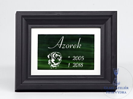 Pietní zvířecí pomníček - zelené vitrážové sklo v rámu - hlava psa a nápis 13 x 18 cm (pasparta 10 x 15 cm)