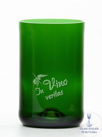 2ks Eko sklenice (z lahve od šampusu) velká zelená  (13 cm, 6,5 cm) Moldavský čáp - In vino veritas