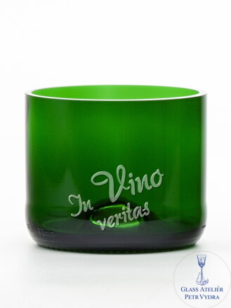 2ks Eko sklenice (z lahve od šampusu) malá zelená (7 cm, 7,5 cm) In vino veritas
