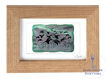Gänse - grüne Glasmalerei in braunem Rahmen 13 x 18 cm (Passepartout 10 x 15 cm)