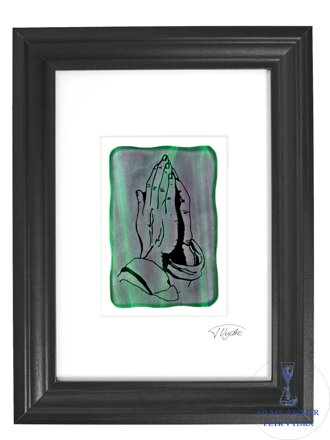 Modlíci ruce- zelené vitrážové sklo v černém rámu 21 x 30 cm ( pasparta 13 x 18 cm )