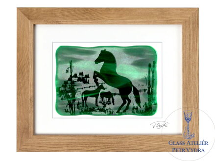 Pferde - grüne Glasmalerei in braunem Rahmen 30 x 40 cm (Passepartout 21 x 30 cm)