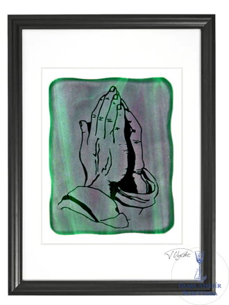 Modlící ruce - zelené vitrážové sklo v černém rámu 50 x 70 cm ( pasparta 40 x 50 cm )