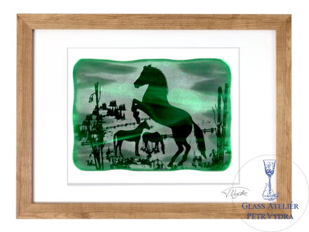 Pferde - grüne Glasmalerei in braunem Rahmen 50 x 70 cm (Passepartout 40 x 50 cm)