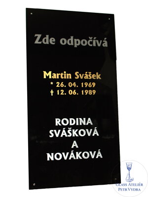Černá náhrobní skleněná deska se zlaceným nebo stříbrným nápisem  - 80x50 cm