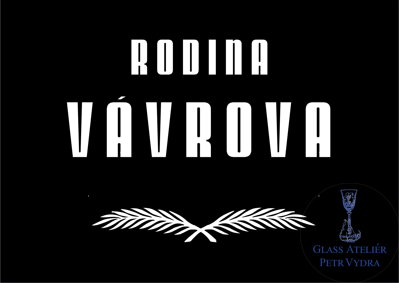V8. Černá náhrobní skleněná deska s nápisem &quot;RODINA&quot; a pírky - 35 x 50 cm