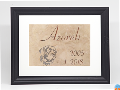 Pietní zvířecí pomníček - glazurovaná dlaždice v rámu 30 x 40 cm (pasparta 21 x 30 cm), hlava psa šedá, nápis hnědý