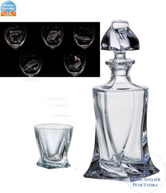 Quadro likér set - 1x karafa ( 850 ml ) a 6x sklenice ( 340 ml ) s 7x se sladkovodníma rybama