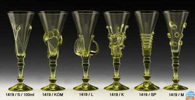 Historické sklo 2x- sklenice šampus 1419/SP/20 cm,  1419/M/20,5 cm