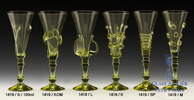 Historické sklo 2x- sklenice šampus 1419/SP/20 cm,  1419/M/20,5 cm