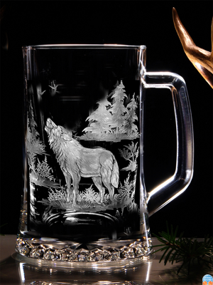 Biergläser 0,5 litre - Jagd Motive ( Wolf ) - Hand graviertes Glas