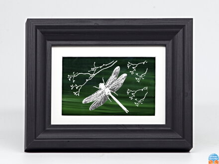 Libelle - grüne Glasmalerei im Rahmen 13 x 18 cm (Passepartout 10 x 15 cm)
