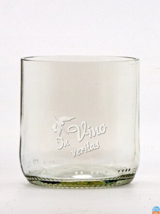2ks Eko sklenice (z lahve od piva) malá čirá (7 cm, 6,5 cm) Moldavský čáp - In vino veritas