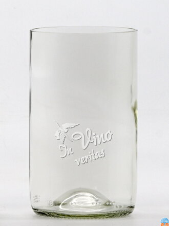 2ks Eko sklenice (z lahve od vína) střední čirá (13 cm, š 7,5 cm) Moldavský čáp - In vino veritas