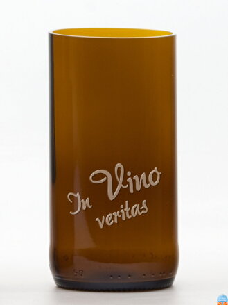 2ks Eko sklenice (z lahve od piva) velká hnědá (13 cm, 6,5 cm) In vino veritas