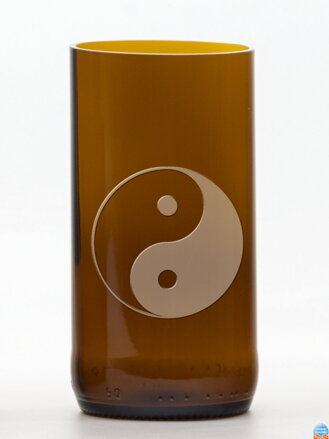 2ks Eko sklenice (z lahve od piva) velká hnědá (13 cm, 6,5 cm) Jing Jang