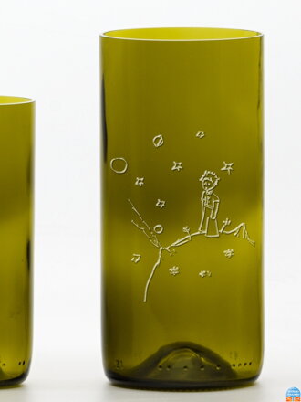 2ks Eko sklenice (z lahve od vína) velká olivová (16 cm, 7,5 cm) Malý princ na planetce