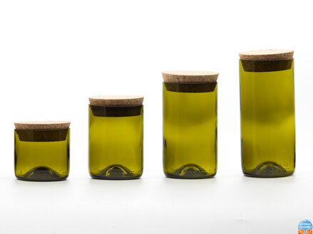 Sada 4x Eko uzatvárateľná dóza (z fľaše od vína) olivovo zelená (16 cm, 13 cm, 10 cm, 7 cm, š 7,5 cm)