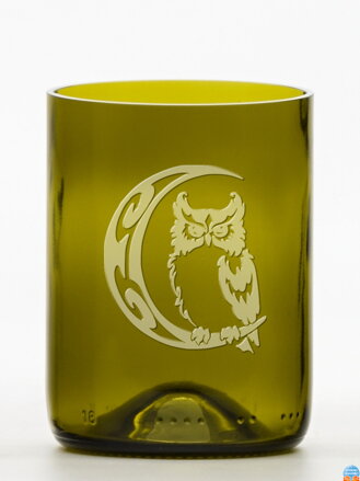 2ks Eko sklenice (z lahve od vína) malá olivová (10 cm, 7,5 cm) Sova