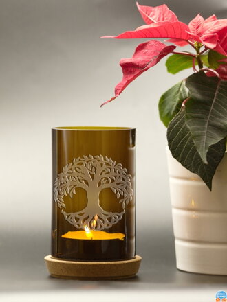 Strom života - Upcyklovaný svícen z lahve na svíčku hnědý 13 cm - korkový podstavec a čajová svíčka, baleno v celofánovém sáčku